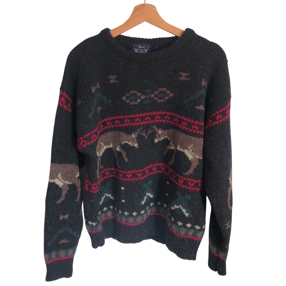 VINTAGE 80s Woolrich Black Crewneck Sweater Deer Teepee Graphic Christmas Large